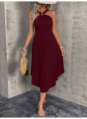 Kadın Boyundan çapraz Askılı Halka Detaylı Asimetrik Kesim Viskon Elbise