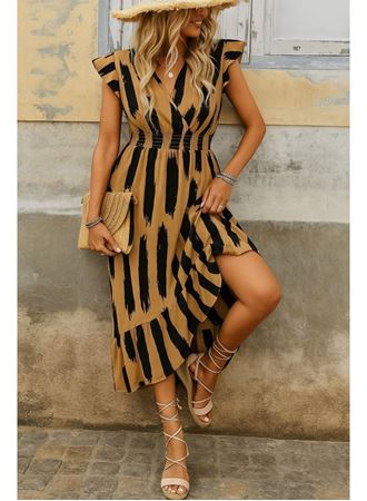 Kadın Kısa Kollu Kruvaze Yakalı Fırfırlı Süprem Elbise