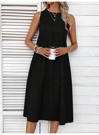 Kadın Kolsuz Bisiklet Yaka Cepli Midi Keten Elbise