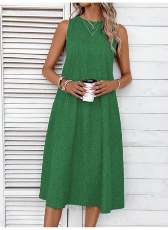 Kadın Kolsuz Bisiklet Yaka Cepli Midi Keten Elbise