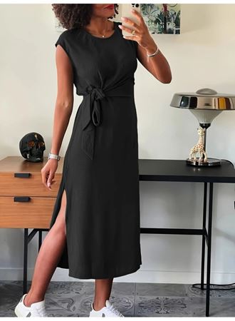Kadın Kısa Kollu Yuvarlak Yaka Belden Bağcıklı önden Yırtmaçlı Aerobin Elbise
