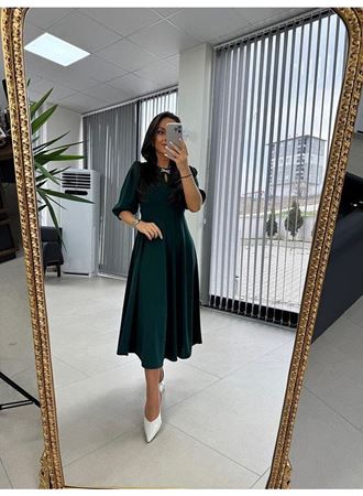 Kadın Kısa Kollu Bisiklet Yaka Fiyonk Broşlu Midi Janjan Krep Elbise