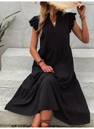 Kadın Kısa Kollu V Yakalı Geniş Kesim Uzun Trikoton Elbise