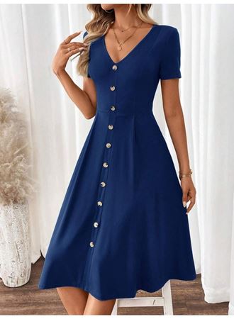 Kadın Kısa Kollu V Yakalı önden Düğmeli A Kesim Dokuma Elbise