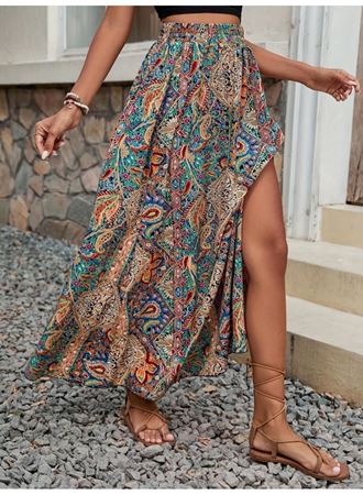 Kadın Beli Büzgülü Yandan Yırtmaçlı Desenli Süprem Etek