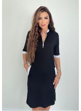 Kadın Kısa Kollu Yakadan Fermuarlı Cepli Yandan Yırtmaçlı Viskon Elbise