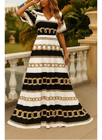 Kadın Kısa Kollu V Yakalı Desenli Süprem Elbise