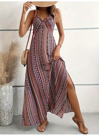 Kadın Ip Askılı Sırttan çapraz Detaylı Yırtmaçlı Desenli Süprem Elbise