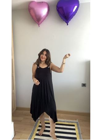 Kadın Askılı Yuvarlak Yaka Kuş Gözü Detaylı Asimetrik Viskon Elbise