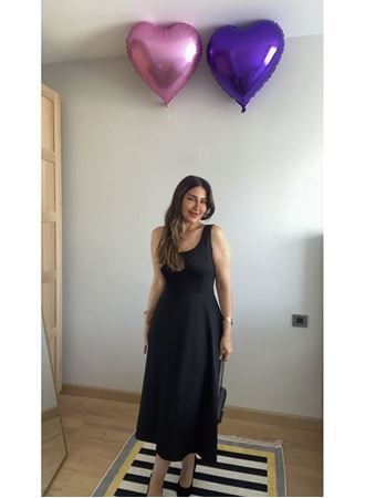 Kadın Askılı Kare Yaka Yırtmaçlı Midi Janjan Krep Elbise