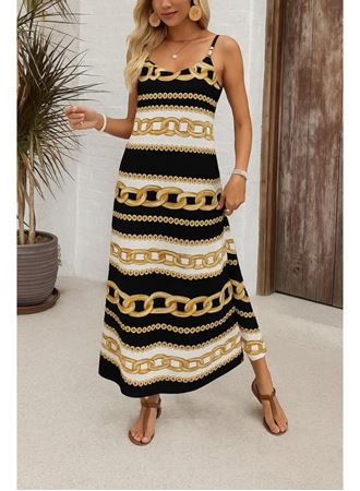 Kadın Ip Askılı Geniş V Yakalı Desenli Süprem Elbise