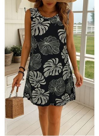 Kadın Sıfır Kollu Yuvarlak Yaka Desenli Süprem Elbise