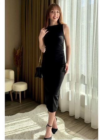 Kadın Sıfır Kol Sıfır Yaka Drape Detaylı Midi Janjan Krep Elbise