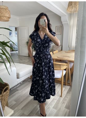 Kadın Kısa Kollu Kruvaze Yakalı Beli Lastikli çiçek Desenli Elbise