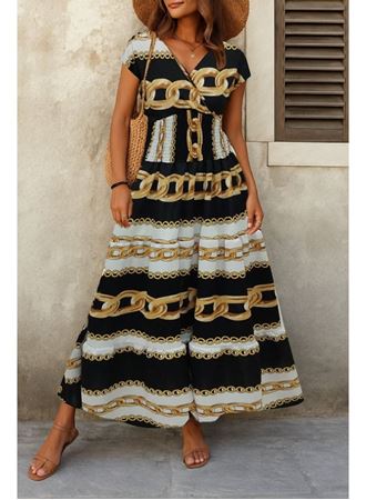 Kadın Kısa Kollu Kruvaze Yaka Beli Lastikli Süprem Maksi Boy Elbise