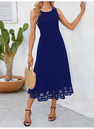 Kadın Kolsuz Etek Ucu Lazer Kesim çiçek Desenli Midi Boy Ithal Krep Elbise