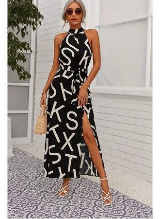 Kadın Omuzlardan Açık Halter Yakalı Yırtmaçlı çiçek Desenli Süprem Elbise