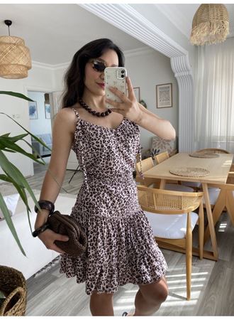 Kadın Askılı V Yaka Beli Pileli Leopar Desen Eteği Fırfırlı Süprem Elbise