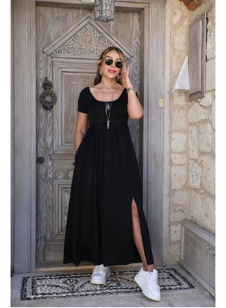 Kadın Kısa Kollu Yuvarlak Yaka önden Yırtmaçlı Cepli Viskon Uzun Elbise