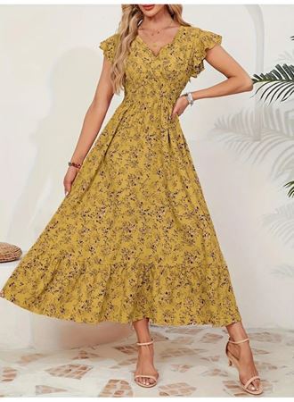 Kadın Kısa Kollu Kruvaze Yaka Beli Lastikli çiçek Desenli Elbise