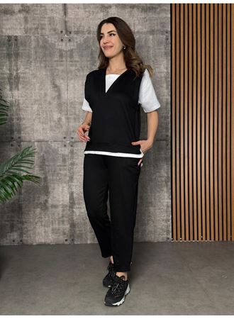 Kadın Kısa Kollu V Yakalı Kapşonlu Viskon Iki Iplik Bluz Ve Pantolon Takım