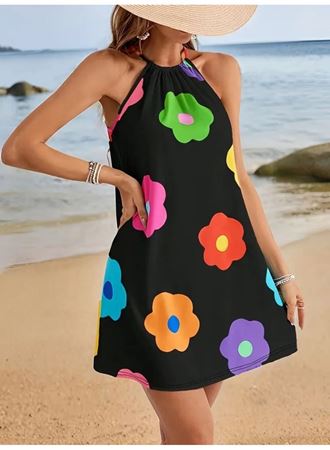 Kadın Boyundan Askılı Kolsuz çiçek Desenli Süprem Elbise