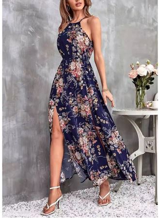 Kadın Açık Omuz Halter Yaka Beli Lastikli Büzgü Detay önden Yırtmaçlı çiçek Desenli Süprem Elbise