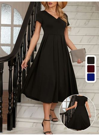 Kadın Kısa Kollu V Yakalı önden Pileli Midi Janjan Krep Elbise