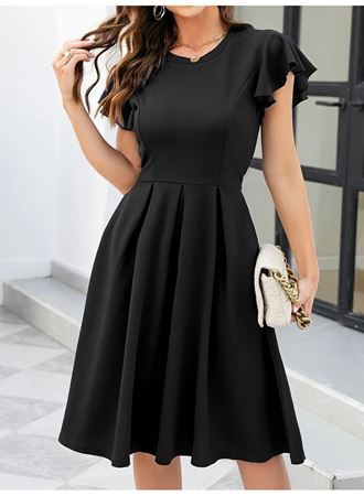 Kadın Kelebek Kollu Bisiklet Yakalı Pileli Ithal Krep Elbise