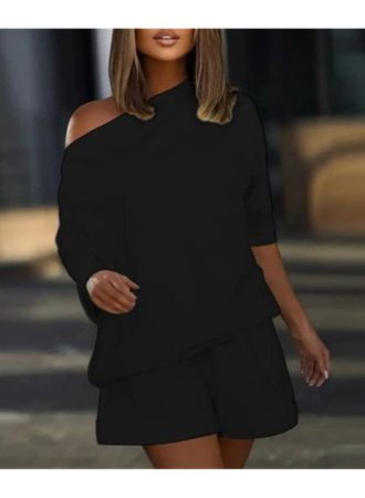 Kadın Kayık Yaka Salaş Iki Iplik Bluz Ve şort Ikili Takım