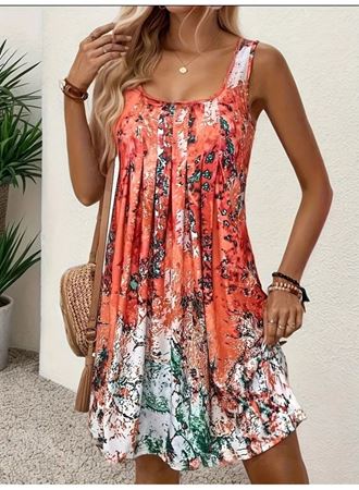 Kadın Sıfır Kollu Kare Yaka önden Pileli Salaş Süprem Elbise