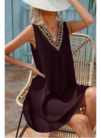 Kadın Sıfır Kol şerit Detaylı V Yaka Viskon Elbise