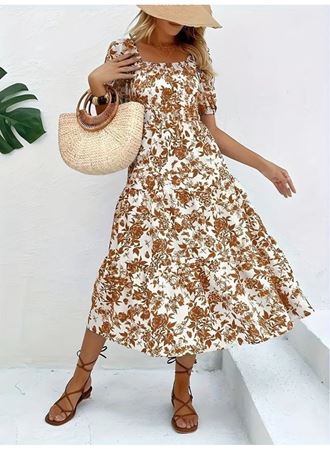 Kadın Kısa Kollu Kare Yakalı Lastikli Desenli Süprem Elbise