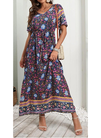 Kadın Kısa Kollu Beli Lastikli çiçek Desen Tam Boy Elbise