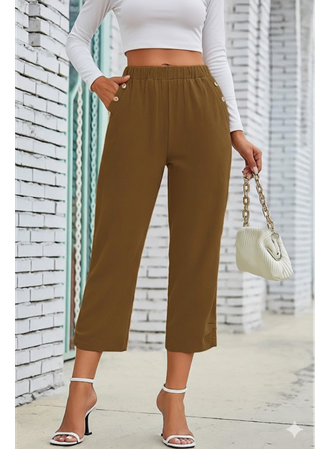 Kadın Beli Lastikli Düğme Ve Cep Detaylı Kapri Ithal Keten Pantolon