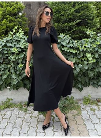 Kadın Kısa Balon Kollu Bisiklet Yaka Geniş Kesim Janjan Krep Elbise