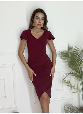 QKadın Kısa Kollu Kalp Yaka Yanlardan Büzgü Detay Midi Janjan Krep Elbise
