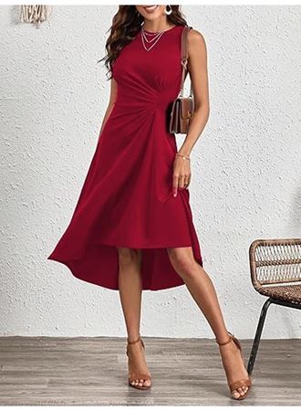 Kadın Sıfır Kollu Bisiklet Yaka Büzgülü Asimetrik Kesim Detaylı Janjan Krep Elbise