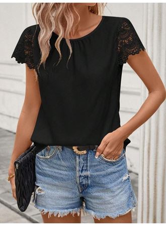 Kadın Kısa Dantel Kollu Bisiklet Yaka Sandy Bluz