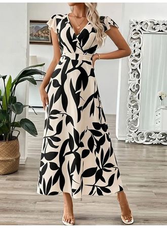 Kadın Kısa Kelebek Kollu Kruvaze Yaka Desenli Süprem Elbise