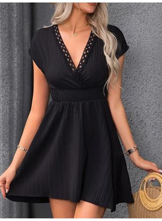 Kadın Kısa Kollu Kruvaze Yakalı Beli Lastikli Bürümcük Elbise