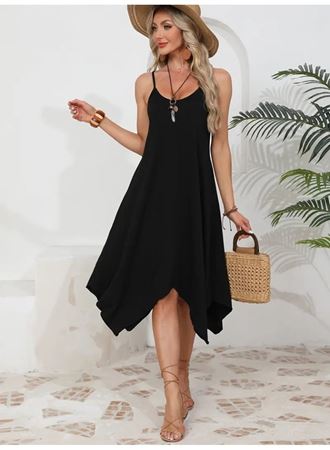 Kadın Ip Askılı Yuvarlak Yakalı Asimetrik Kesim Viskon Elbise