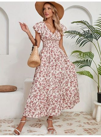 Kadın Kısa Kollu Kruvaze Yaka Beli Lastikli çiçek Desenli Elbise