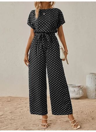 Kadın Kısa Kollu Kayık Yaka Belden Kuşaklı örme Krep Tulum