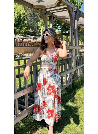 Kadın Ip Askılı V Yakalı Bel Güpür çiçek Desenli Yandan Yırtmaçlı Maksi Süprem Elbise