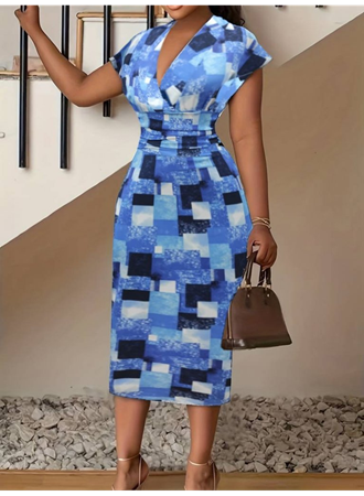 Kadın Kısa Kollu Derin V Yaka Dalgıç Midi Elbise