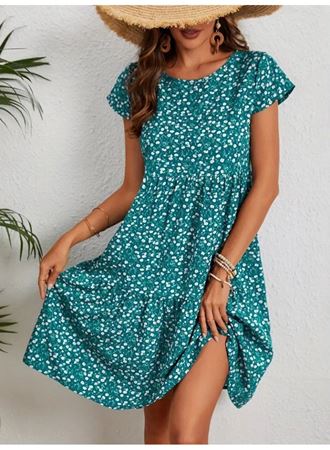 Kadın Kısa Kollu Bisiklet Yaka çiçek Desenli Süprem Elbise