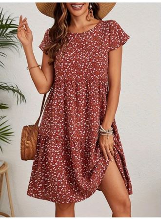 Kadın Kısa Kollu Bisiklet Yaka çiçek Desenli Süprem Elbise