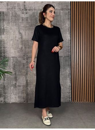 Kadın Kısa Kollu Bisiklet Yaka Yırtmaçlı Viskon Iki Iplik Elbise