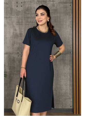 Kadın Kısa Kollu Bisiklet Yaka Yırtmaçlı Viskon Iki Iplik Elbise